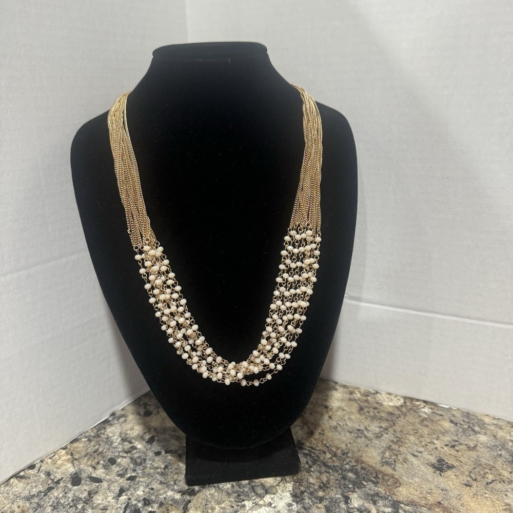Vintage Multi-strand Gold Tone Chain Swag Necklace‎ w/ Cream Glass Beads 25 Inch